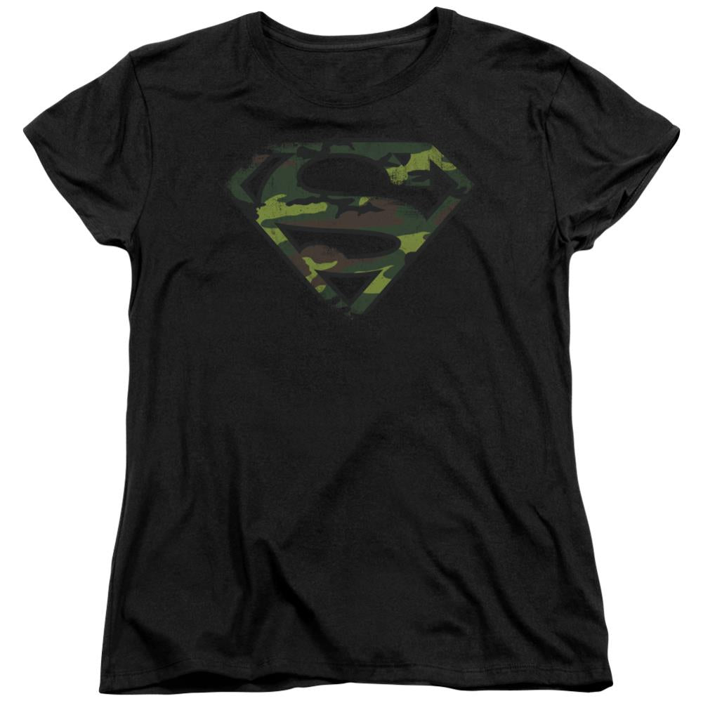 Superman Distressed Camo Shield Women's 18/1 Cotton SS T