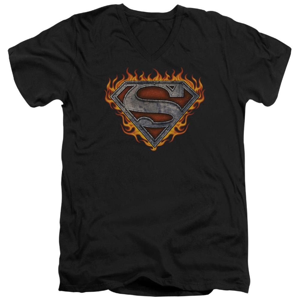 Superman Iron Fire Shield Men's 30/1 Cotton Slim V-Neck T