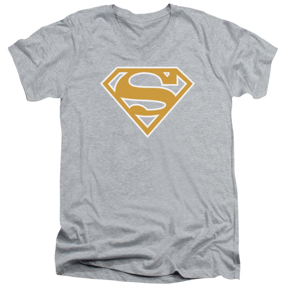Superman Lt Orange & White Shield Men's 30/1 Cotton Slim V-Neck T