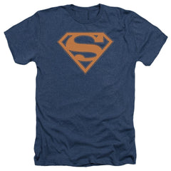 Superman Navy & Orange Shield Men's 30/1 Heather 60 40 Poly SS T