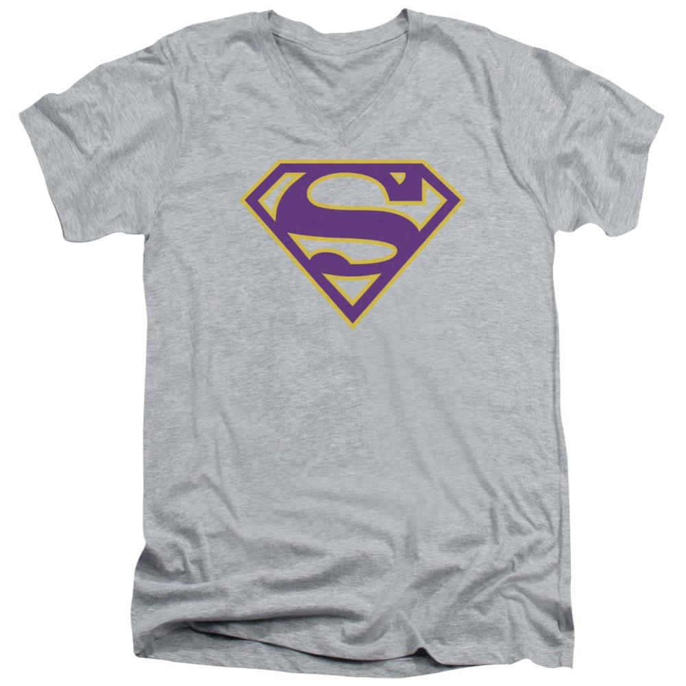 Superman Purple & Gold Shield Men's 30/1 Cotton Slim V-Neck T
