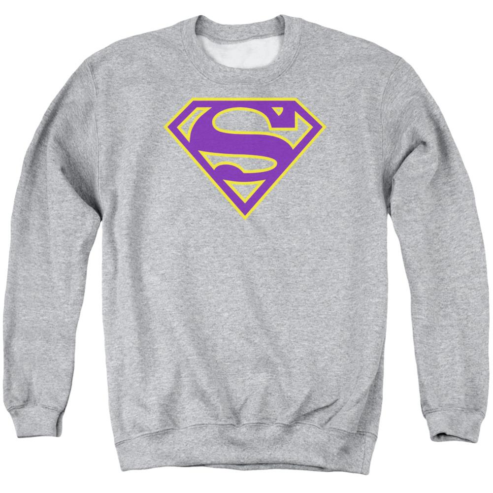 Superman Purple & Gold Shield Men's Crewneck 50 50 Poly LS T