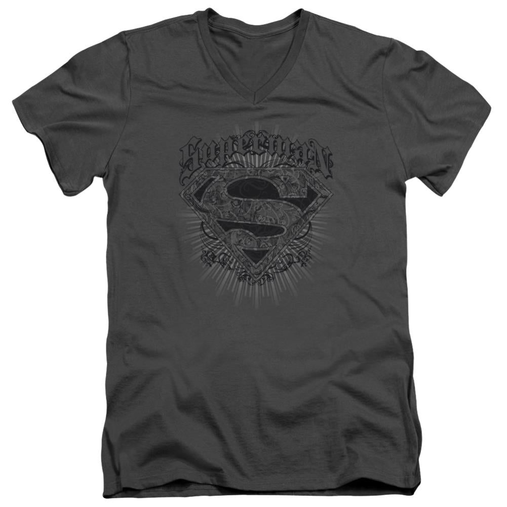 Superman Scrolling Shield Men's 30/1 Cotton Slim V-Neck T