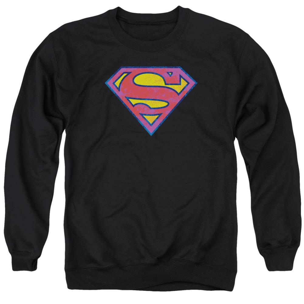Superman Sm Neon Distress Logo Men's Crewneck 50 50 Poly LS T