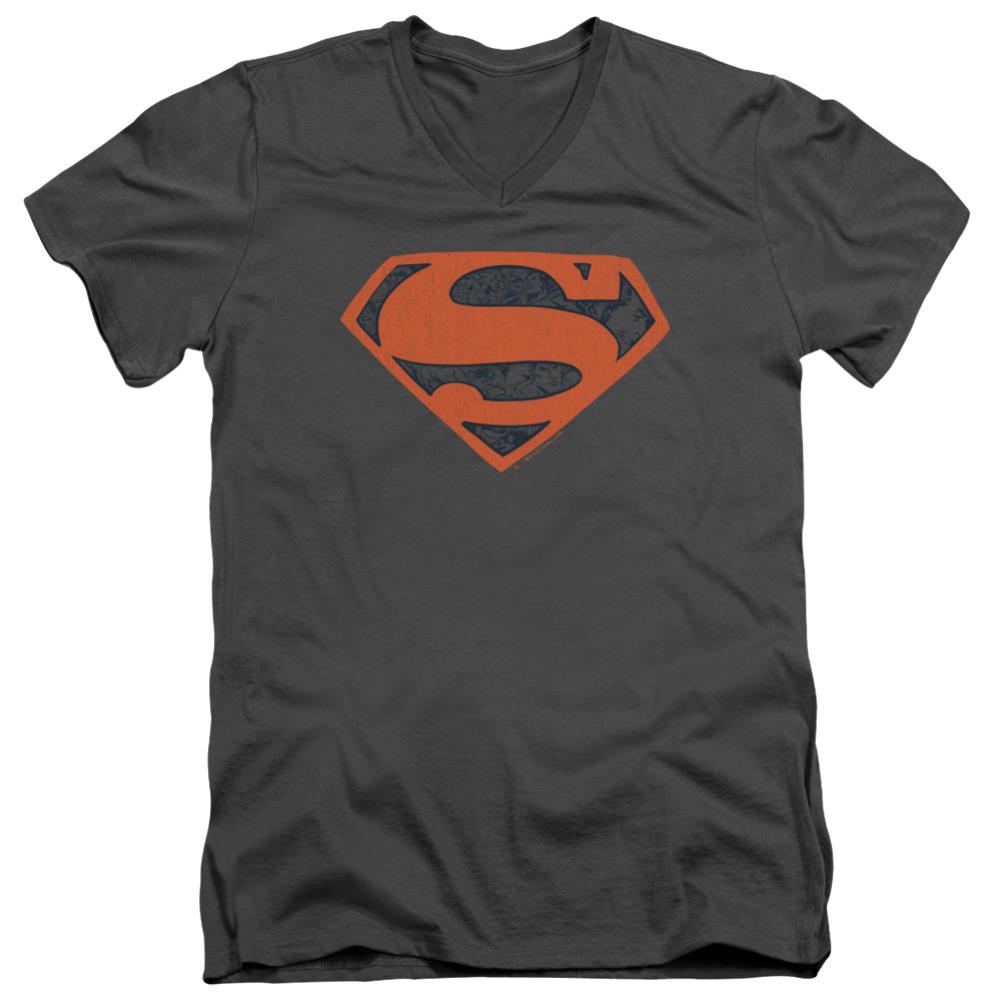 Superman Vintage Shield Collage Men's 30/1 Cotton Slim V-Neck T