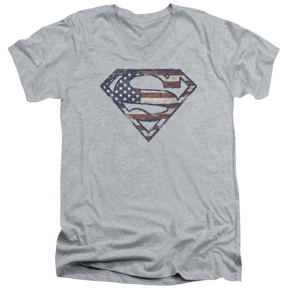 Superman Wartorn Flag Men's 30/1 Cotton Slim V-Neck T