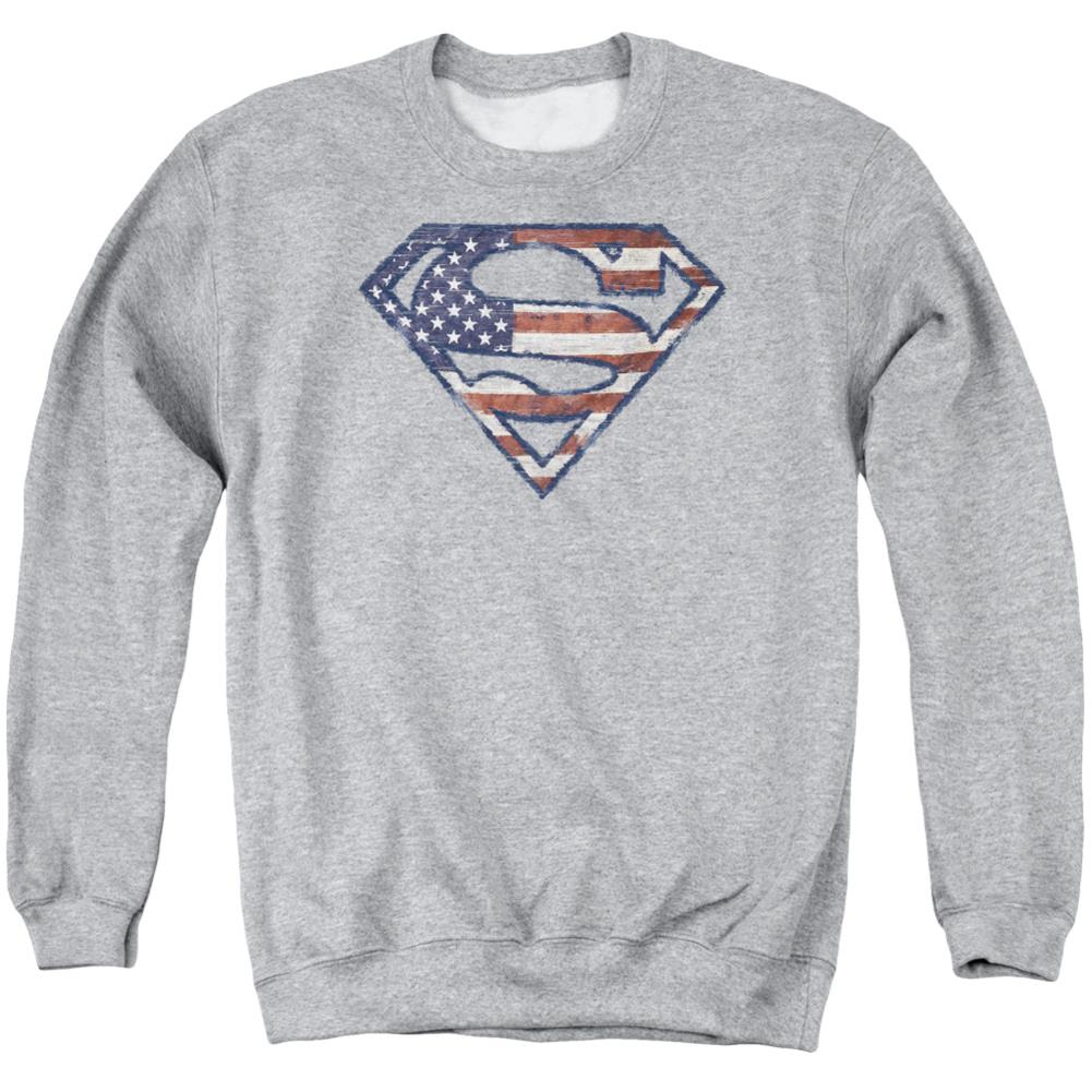 Superman Wartorn Flag Men's Crewneck 50 50 Poly LS T