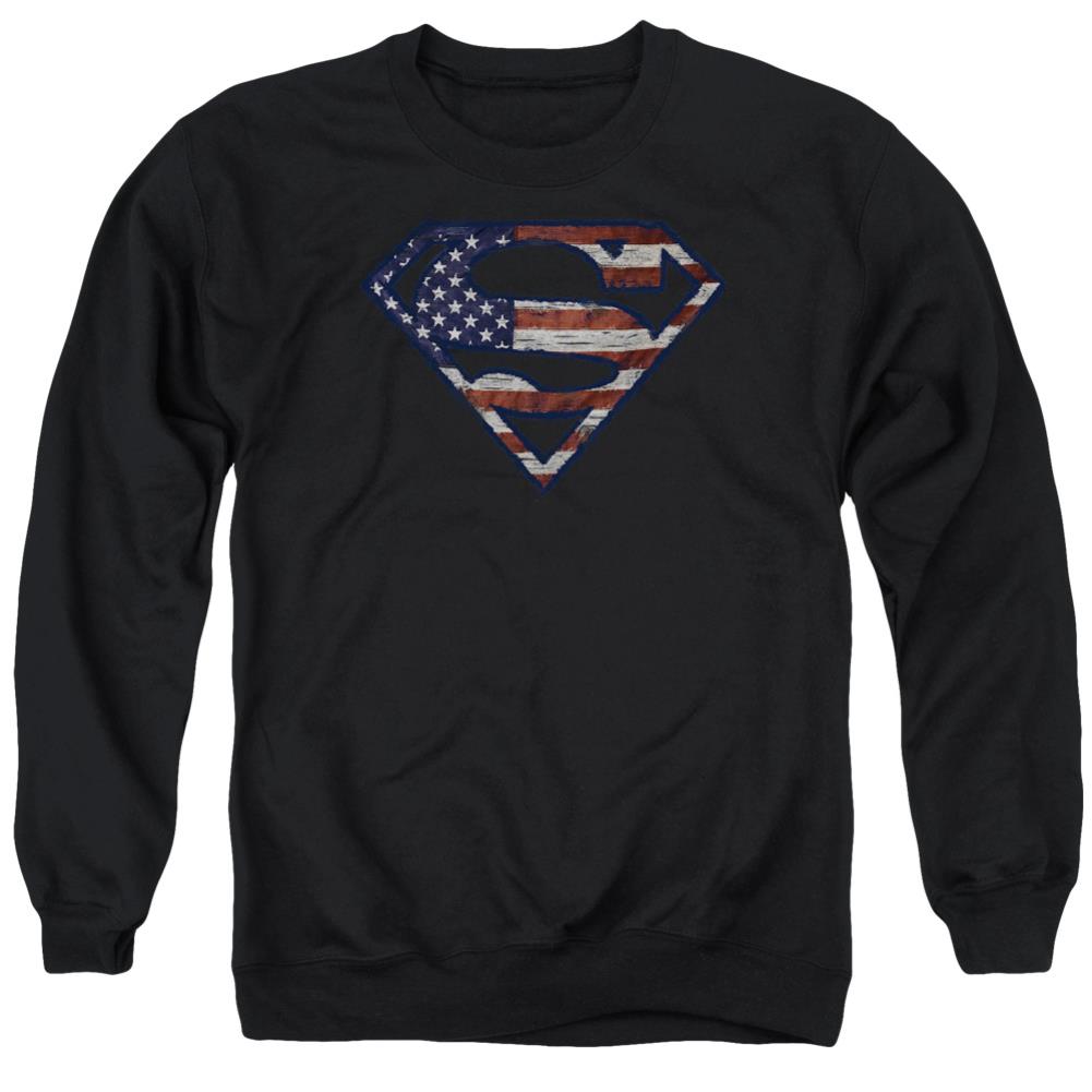 Superman Wartorn Flag Men's Crewneck 50 50 Poly LS T