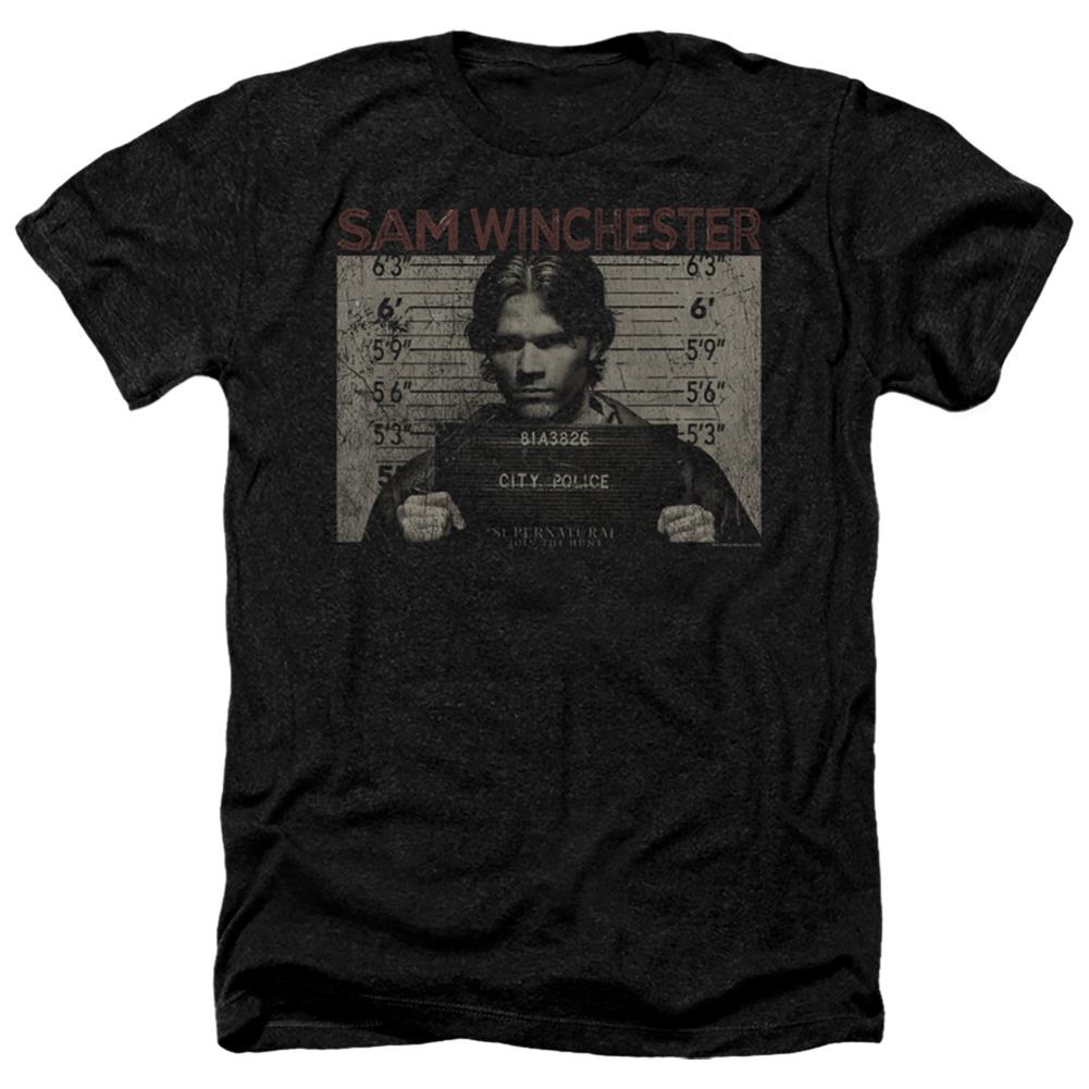 Supernatural Sam Mug Shot Men's 30/1 Heather 60 40 Poly Short-Sleeve T-Shirt