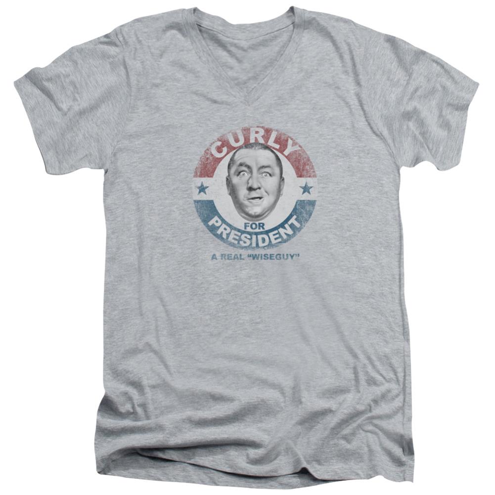 Three Stooges Curly For President Men's 30/1 Cotton Slim V-Neck T-Shirt