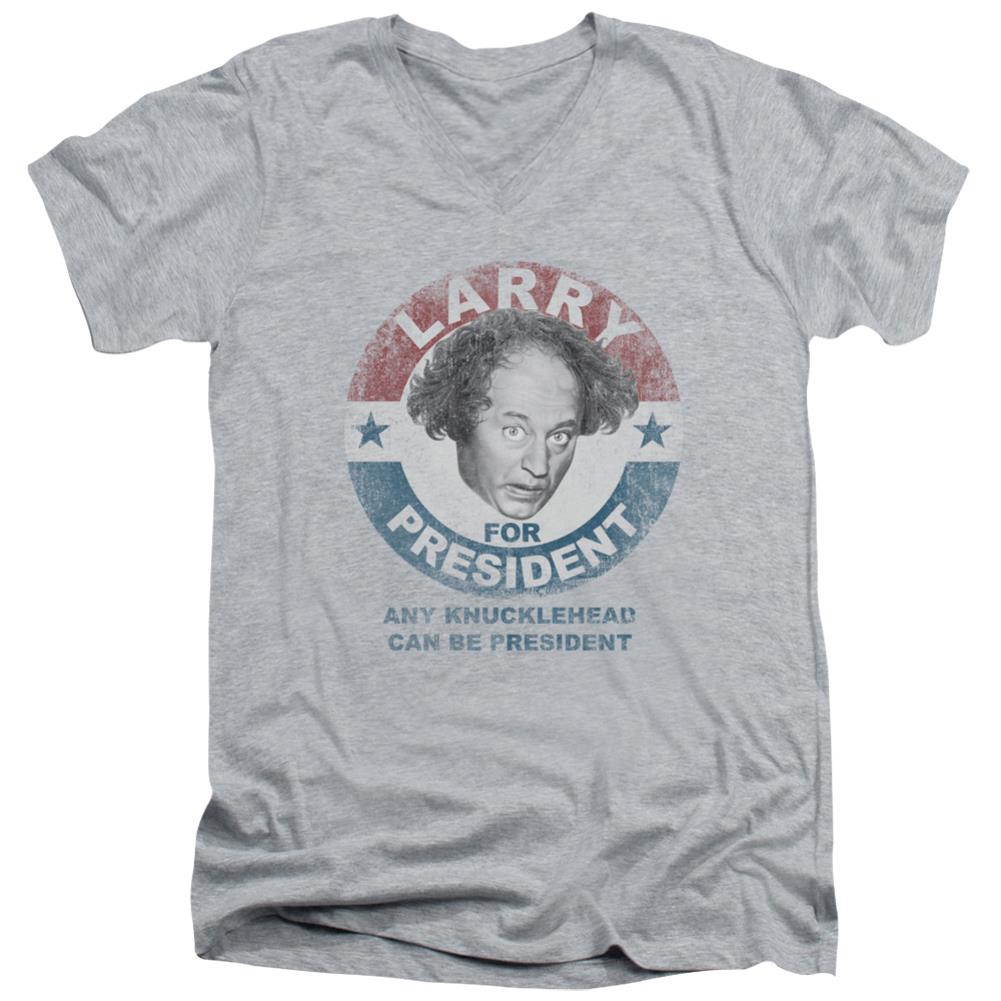 Three Stooges Larry For President Men's 30/1 Cotton Slim V-Neck T-Shirt