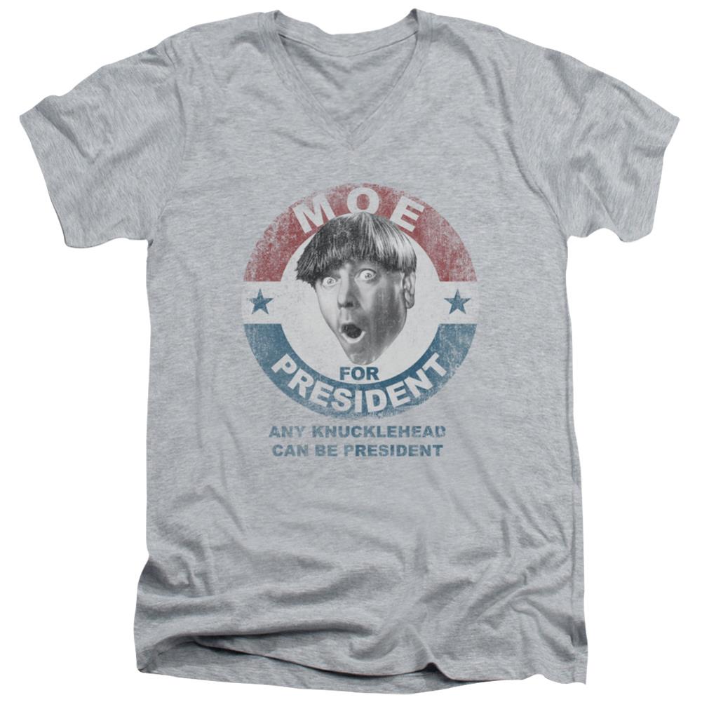 Three Stooges Moe For President Men's 30/1 Cotton Slim V-Neck T-Shirt