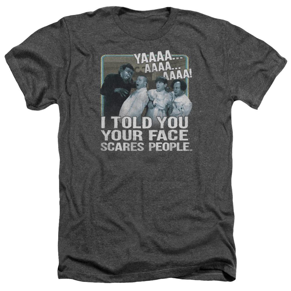 Three Stooges Scares People Men's 30/1 Heather 60 40 Poly Short-Sleeve T-Shirt