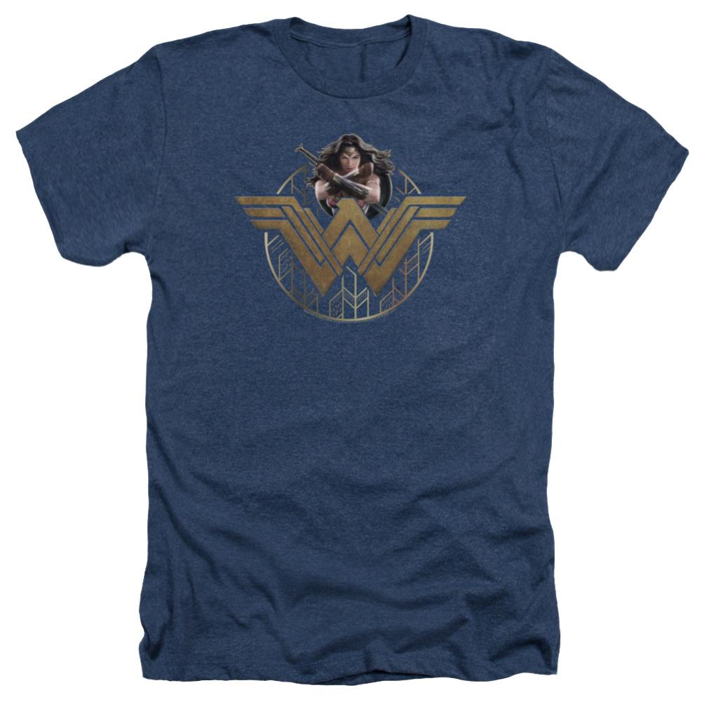 Wonder Woman Movie Power Stance And Emblem Men's 30/1 Heather 60 40 Poly Short-Sleeve T-Shirt